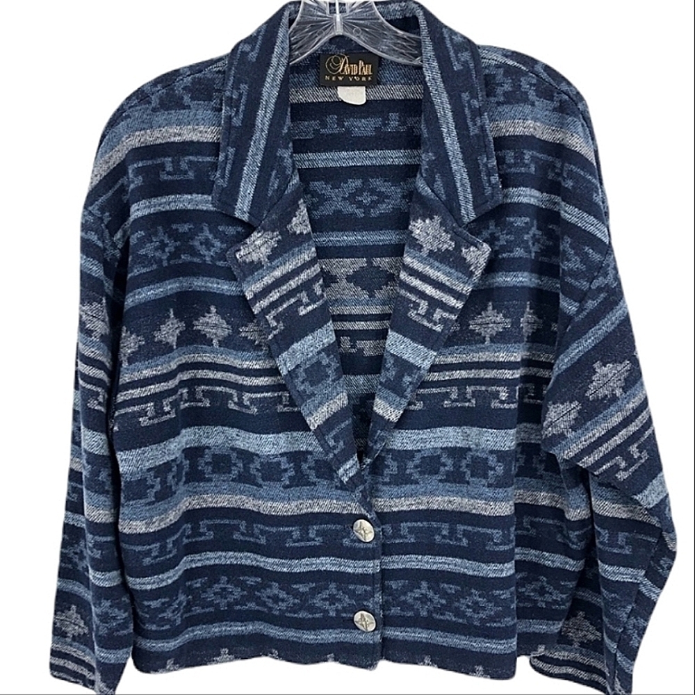 David Paul Vintage Cropped Jacket Women’s M Blue Aztec Tribal Bohemian Theme